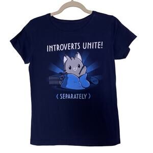 Teeturtle Introverts Unite Separately Cat Graphic T-Shirt Women’s S Navy Blue